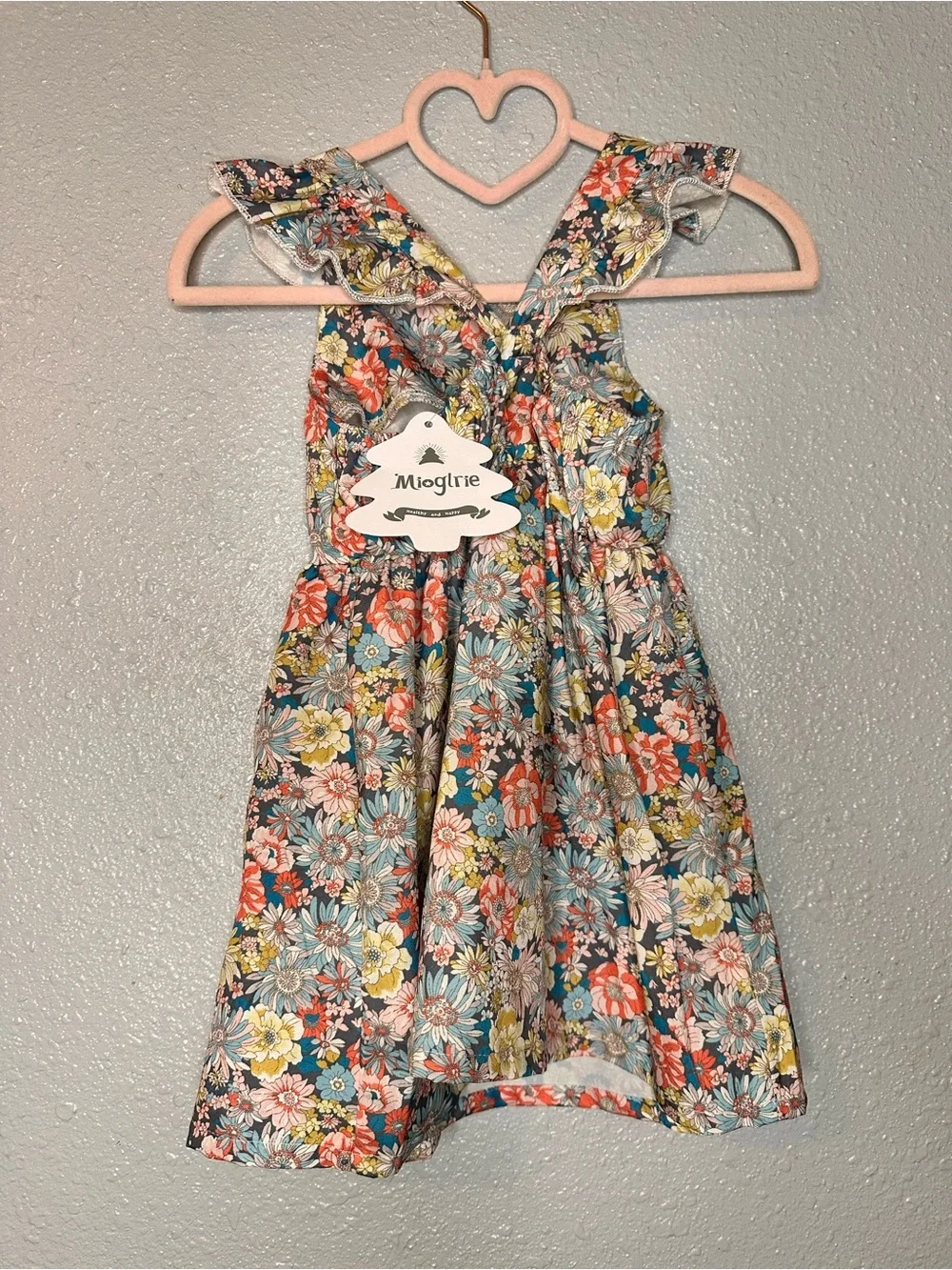 Girls Floral Ruffled Strap Dress in Teal, Coral & Yellow
